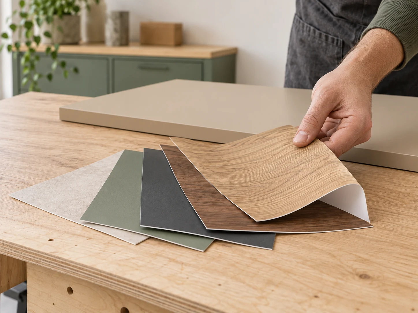 Campioni illustrativi sottili e flessibili con finiture legno, antracite, salvia e pietra