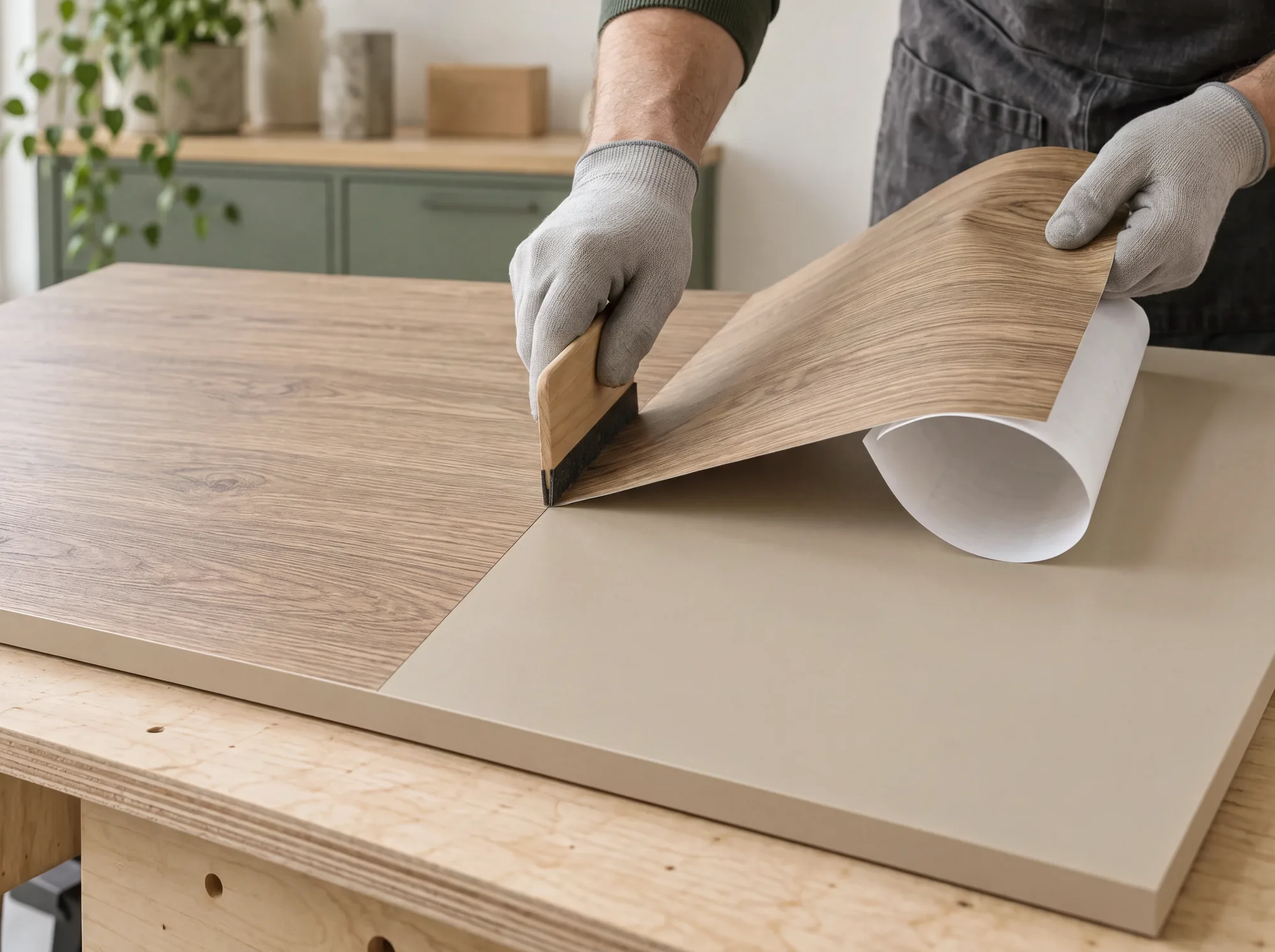 Simulazione della posa: pannello beige, pellicola effetto rovere e carta di supporto distinti