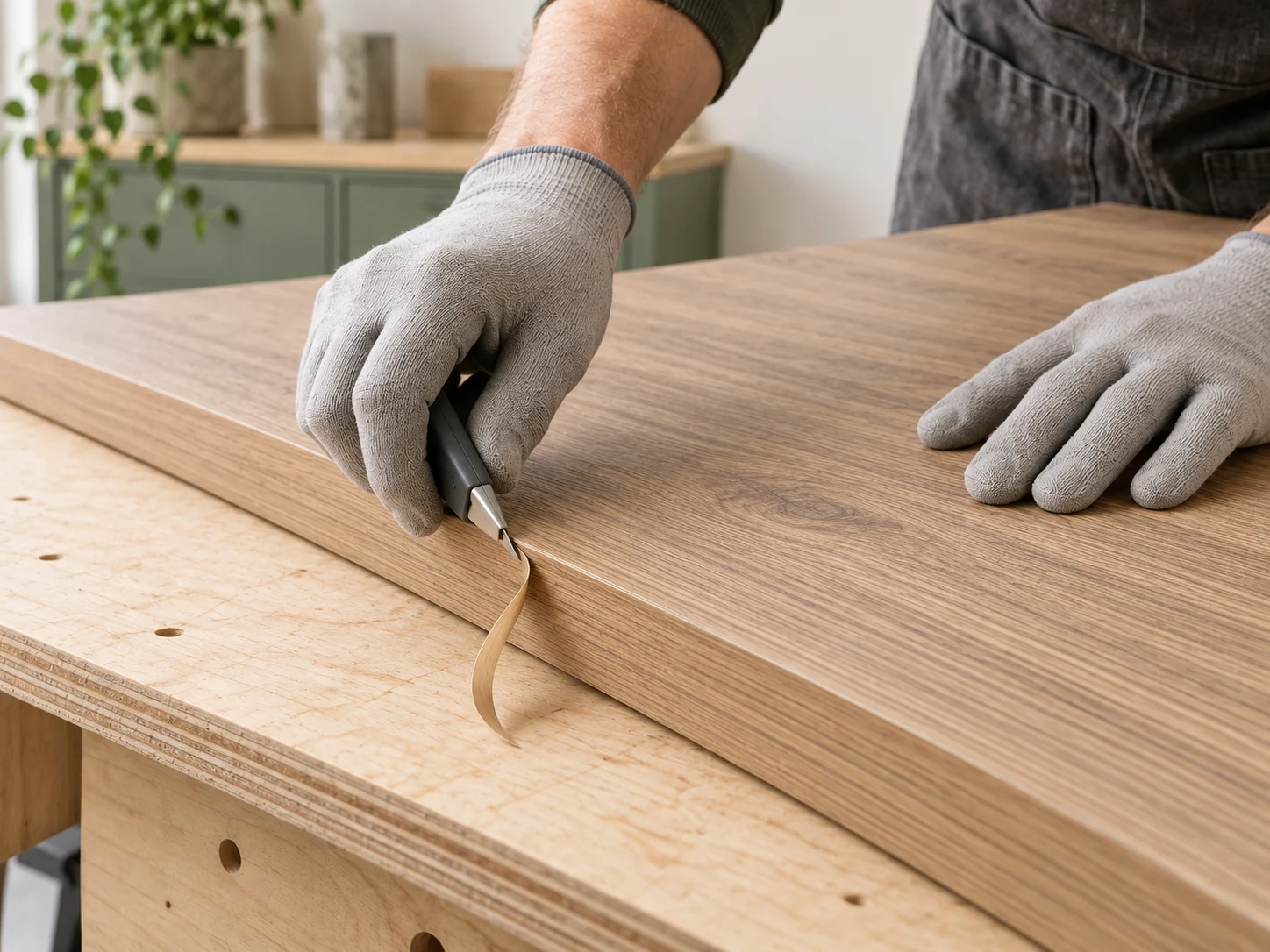 Simulazione della rifilatura di un piccolo sfrido lungo il bordo di un pannello effetto rovere
